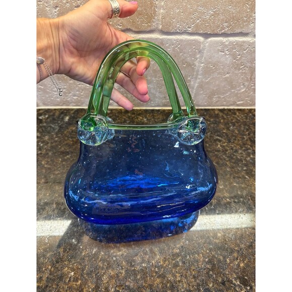 Murano Blown Glass Decorative Handbag Vase Blue Green EUC - Picture 5 of 7